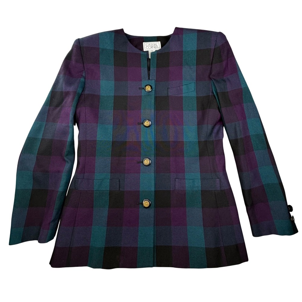 CASUAL CORNER Plaid‎ Button Blazer Purple Teal Black Classic Heritage 12